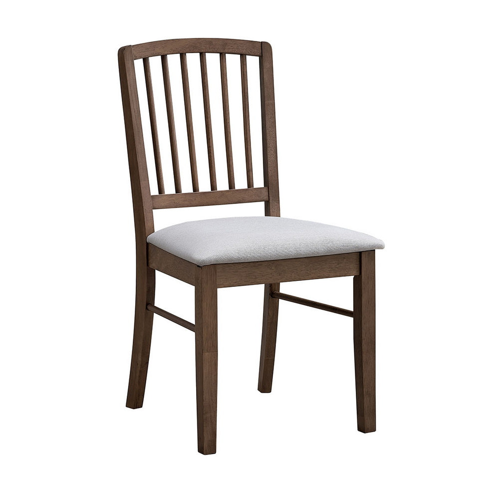 Dining chair in warm brown wood with a slatted back and gray upholstered seat on Tampa Home & Garden Store