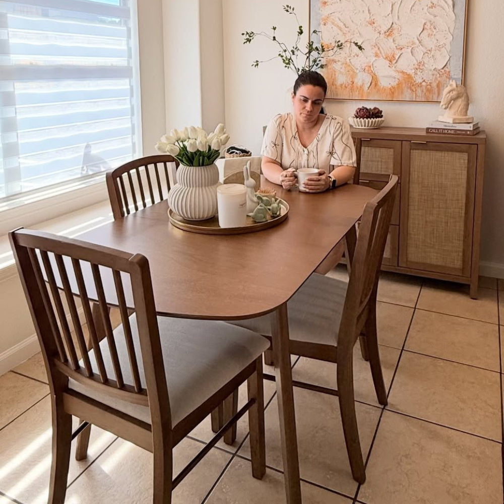 ACTU Extendable Dining Table Set for Small Spaces with four chairs, seats 4–6 in warm walnut on Tampa Home & Garden Store