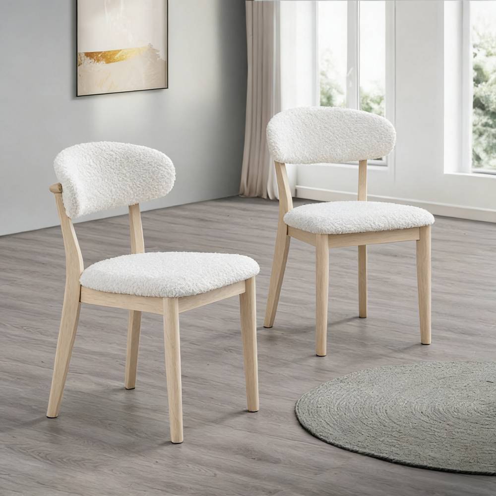 ACTU Scandinavian dining set with 2 upholstered chairs white boucle fabric and natural wood legs on Tampa Home & Garden Store