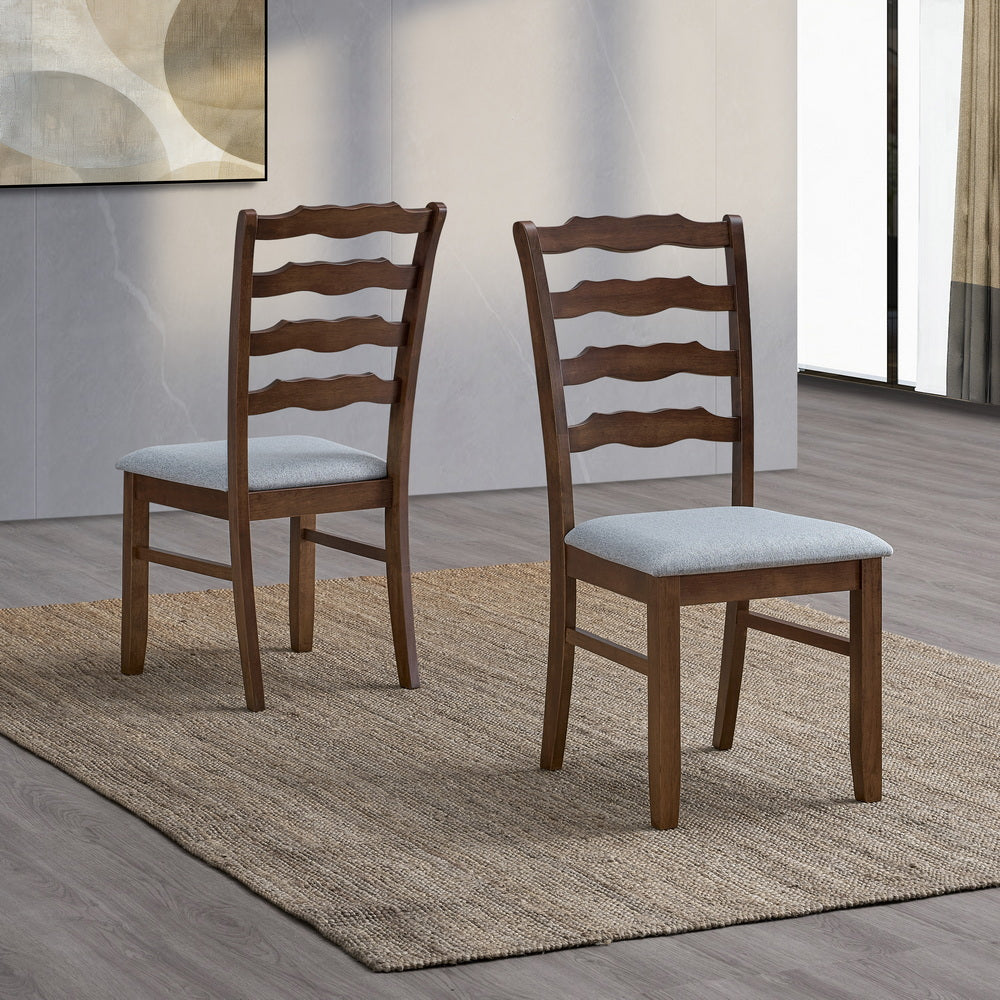 ACTU Farmhouse dining chairs, ladder-back, dark wood, gray upholstered seats (2 chairs) on Tampa Home & Garden Store