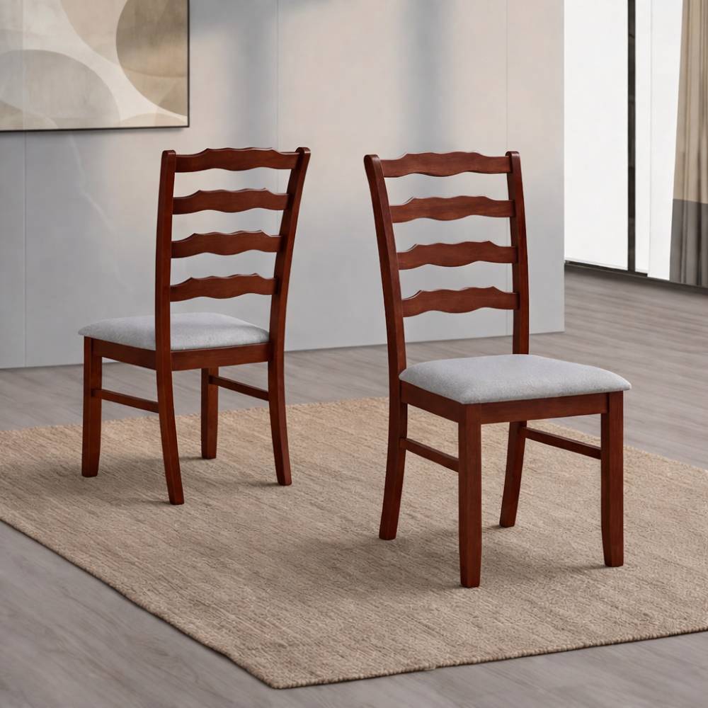 ACTU Farmhouse Dining Set, 2 chairs with gray cushions in warm brown wood on Tampa Home & Garden Store