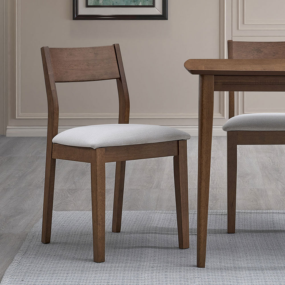 ACTU Furniture 59” solid wood mid-century dining set with brown chairs and light gray upholstered seats on Tampa Home & Garden Store