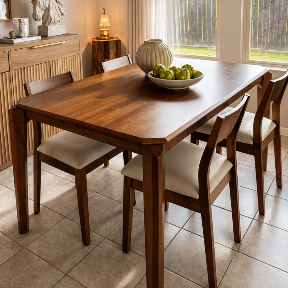 ACTU 59-inch dining table set in dark walnut with mid-century legs, upholstered chairs seats 4–6 on Tampa Home & Garden Store