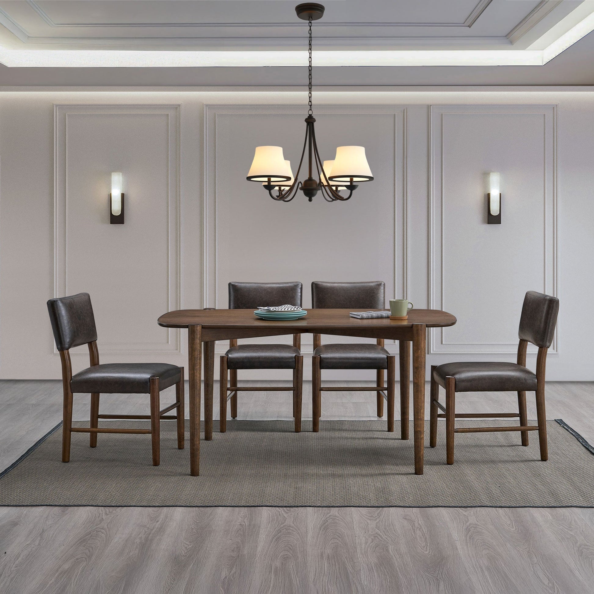 ACTU 58-inch Mid-Century Dining Table Set in dark wood with six brown leather chairs, seats 4–6 on Tampa Home & Garden Store