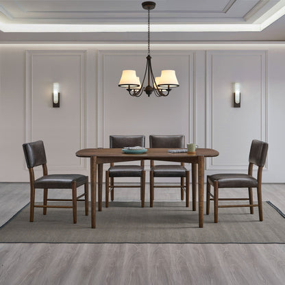 ACTU 58-inch Mid-Century Dining Table Set in dark wood with six brown leather chairs, seats 4–6 on Tampa Home & Garden Store