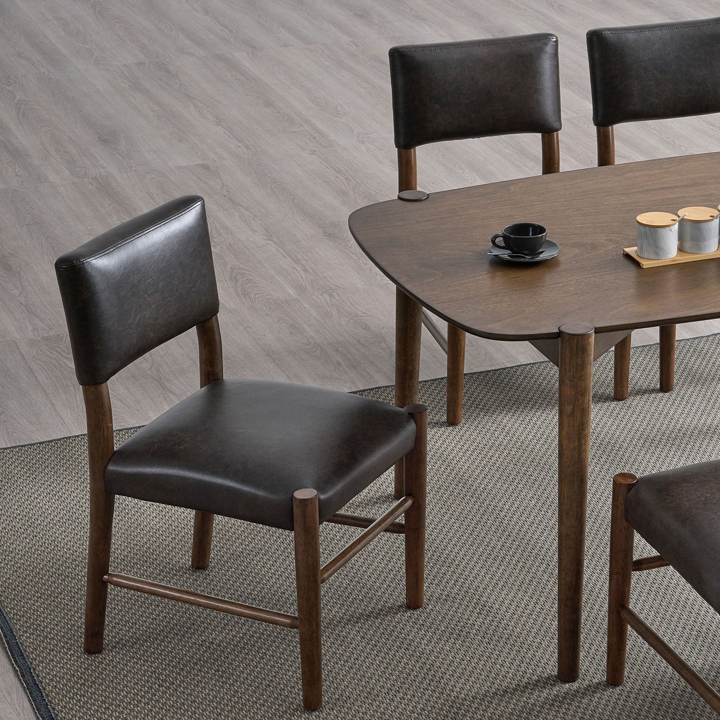 ACTU 58” Mid-Century Dining Table Set with dark wood finish and black leather chairs, seats 4–6 on Tampa Home & Garden Store