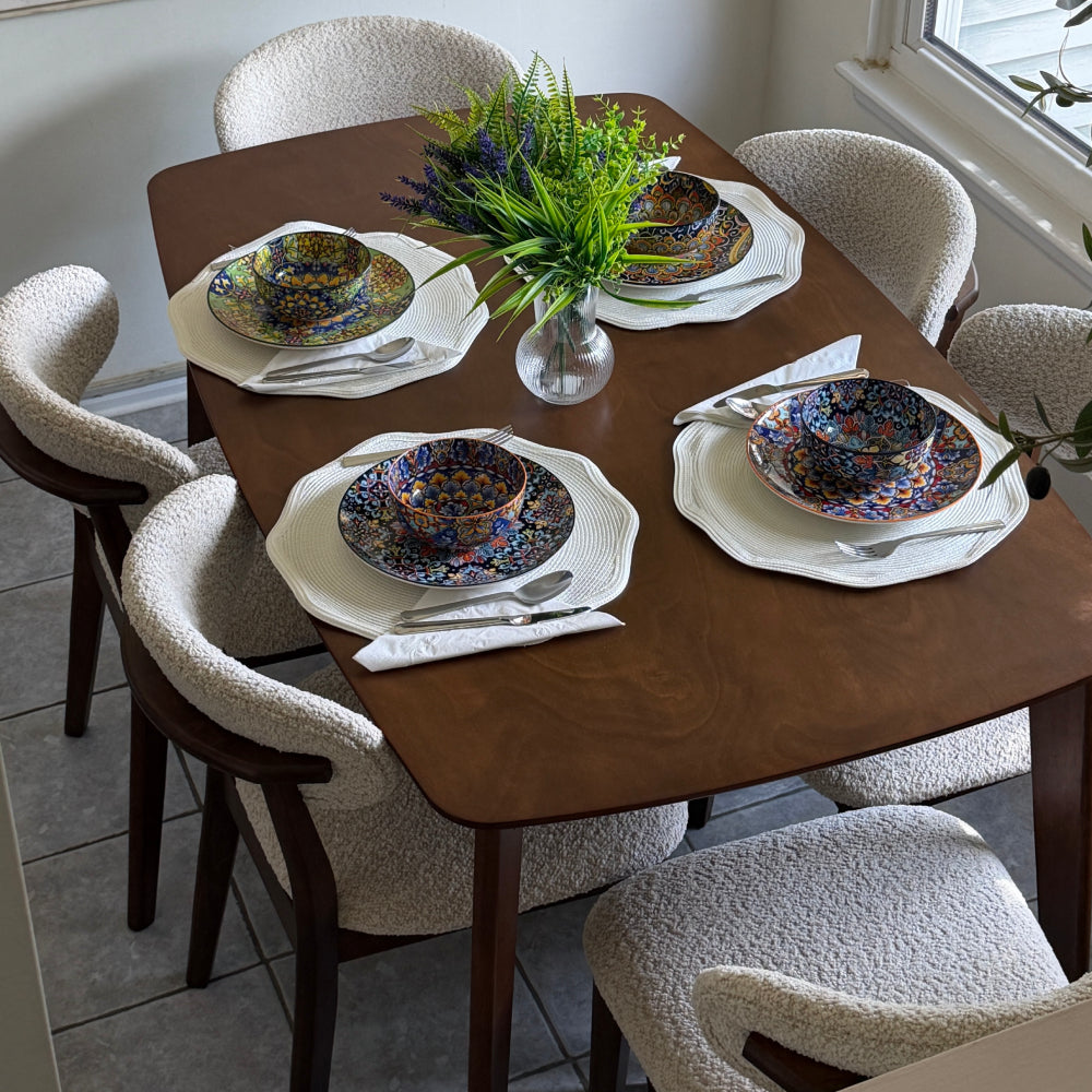 ACTU Scandinavian dining set with dark wood table and upholstered boucle chairs, 4 settings on Tampa Home & Garden Store