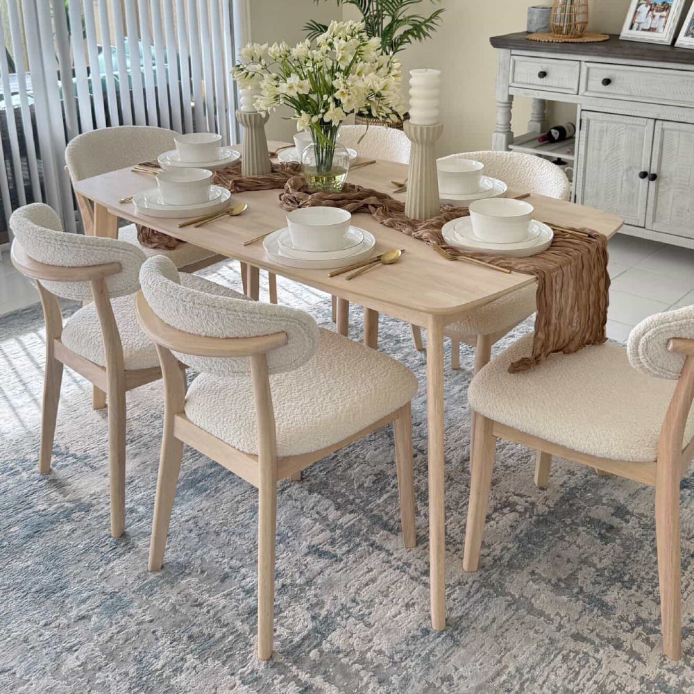 ACTU Scandinavian dining set with six cream upholstered chairs in light wood finish on Tampa Home & Garden Store