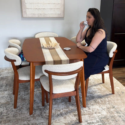 ACTU Scandinavian Dining Table Set with Upholstered Bouclé Chairs, wood table, cream seating, 4–6 on Tampa Home & Garden Store