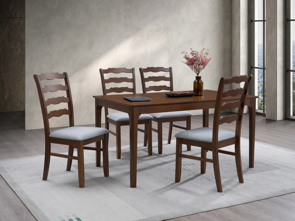 ACTU Farmhouse Dining Table Set 4–6, brown wood table with ladder-back chairs and gray cushions on Tampa Home & Garden Store