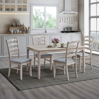 ACTU Farmhouse Dining Table Set with Upholstered Chairs for 4–6 in light wood with gray cushions on Tampa Home & Garden Store