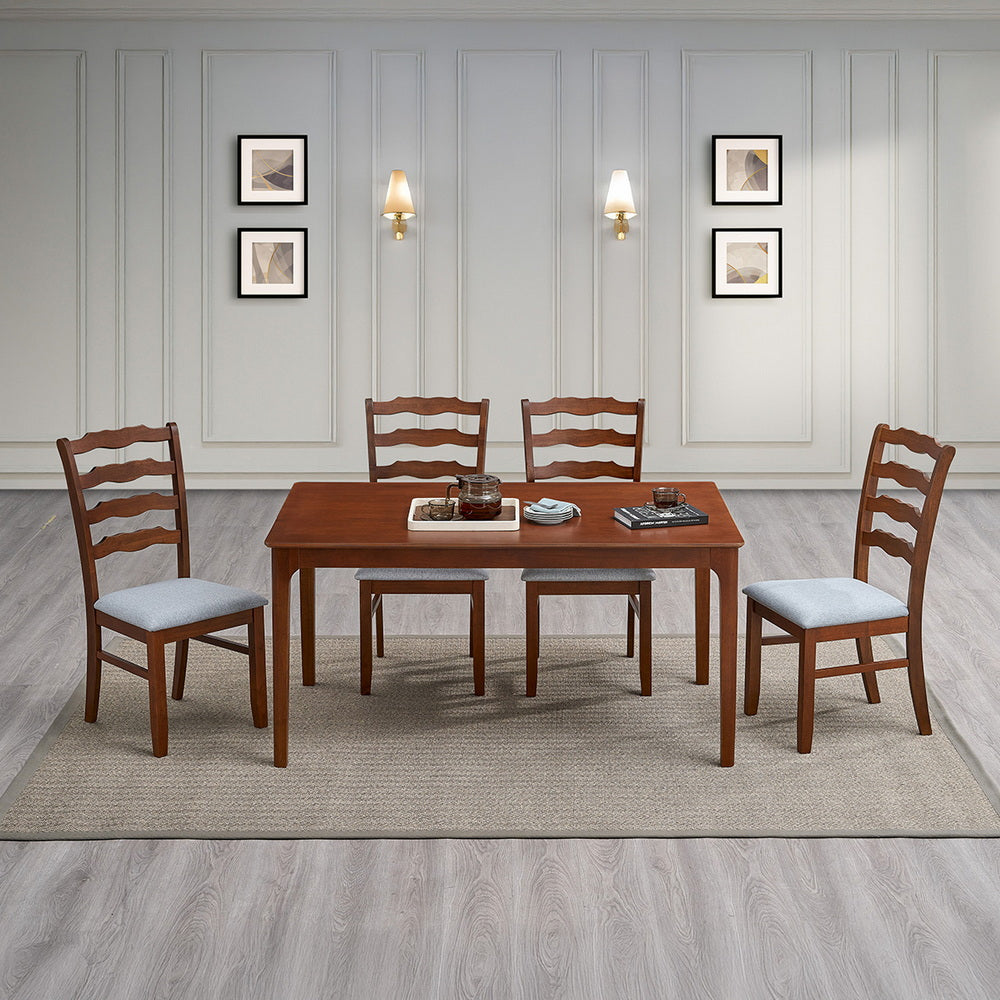 ACTU Farmhouse Dining Table Set with chairs for 4-6; warm brown wood, ladder-back, gray cushions on Tampa Home & Garden Store