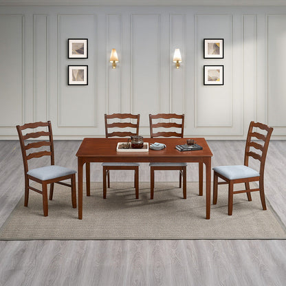 ACTU Farmhouse Dining Table Set with chairs for 4-6; warm brown wood, ladder-back, gray cushions on Tampa Home & Garden Store
