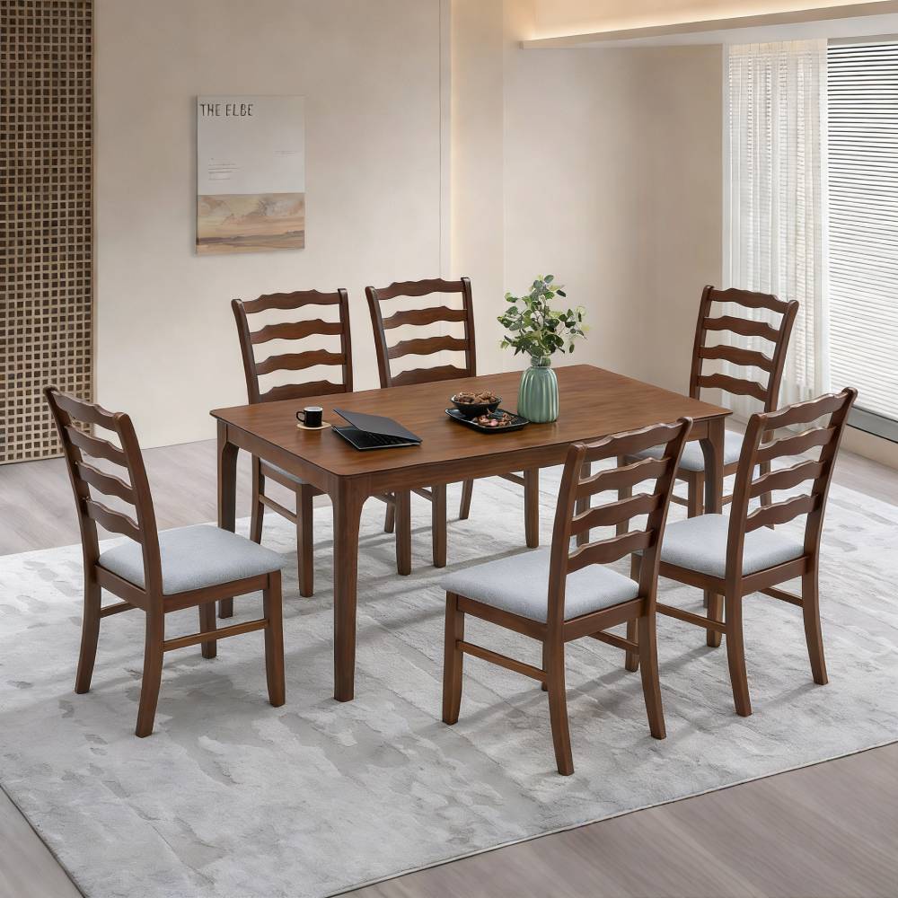 ACTU Dining Table Set with Upholstered Chairs for 4–6: warm wood table, six ladderback chairs on Tampa Home & Garden Store