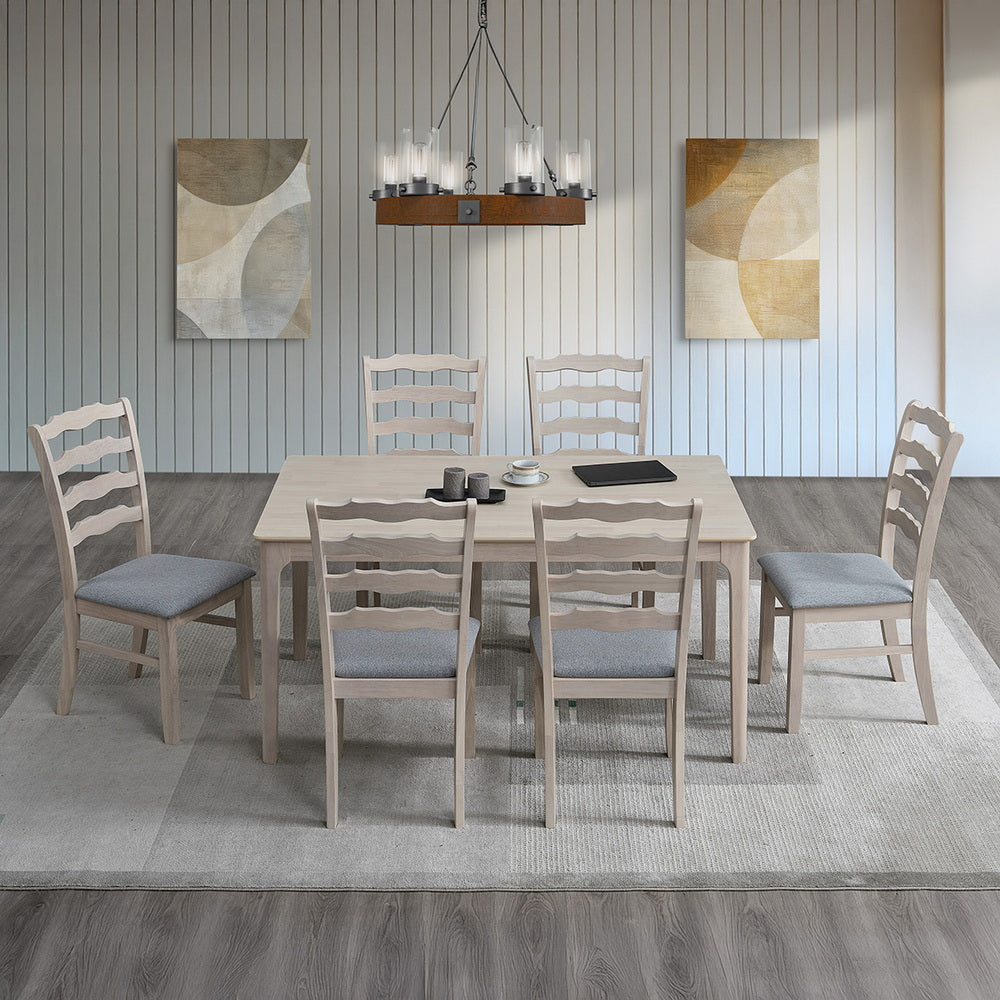 ACTU Farmhouse dining set with ladder-back chairs; light wood, grey cushions; seats 4–6 on Tampa Home & Garden Store