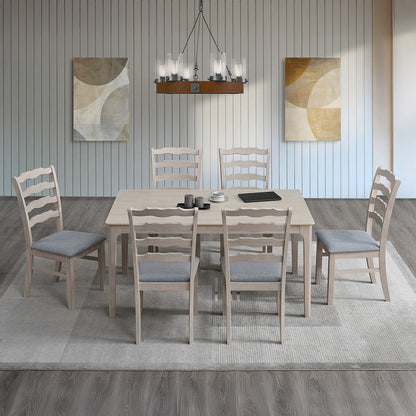 ACTU Farmhouse dining set with ladder-back chairs; light wood, grey cushions; seats 4–6 on Tampa Home & Garden Store