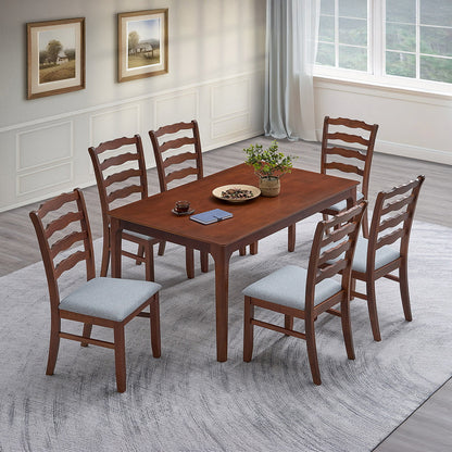 ACTU Farmhouse Dining Table Set with Upholstered Chairs for 4–6, walnut finish and gray seats on Tampa Home & Garden Store