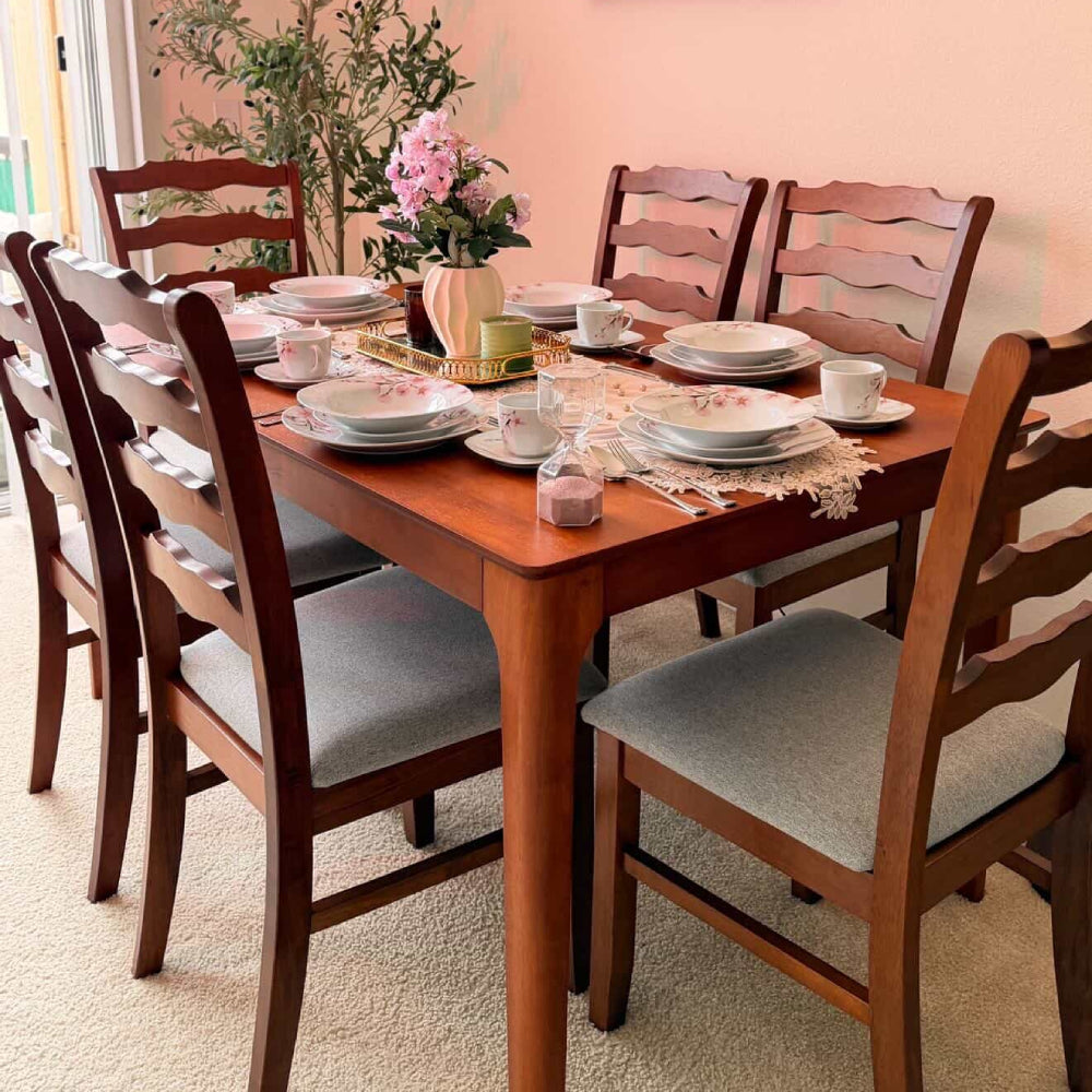 ACTU farmhouse dining table set for 4–6 with wooden table and ladder-back chairs, gray upholstered cushions on Tampa Home & Garden Store