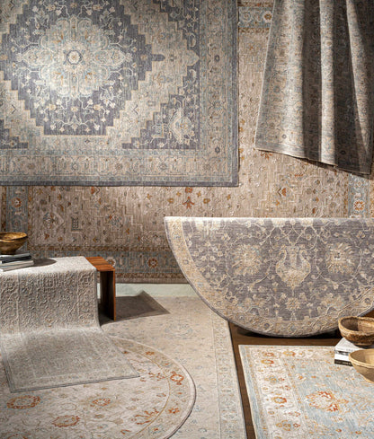 Monterey Gray Thick Luxe Persian Rug set gray-blue with ornate medallion border Boutique Rugs on Tampa Home & Garden Store