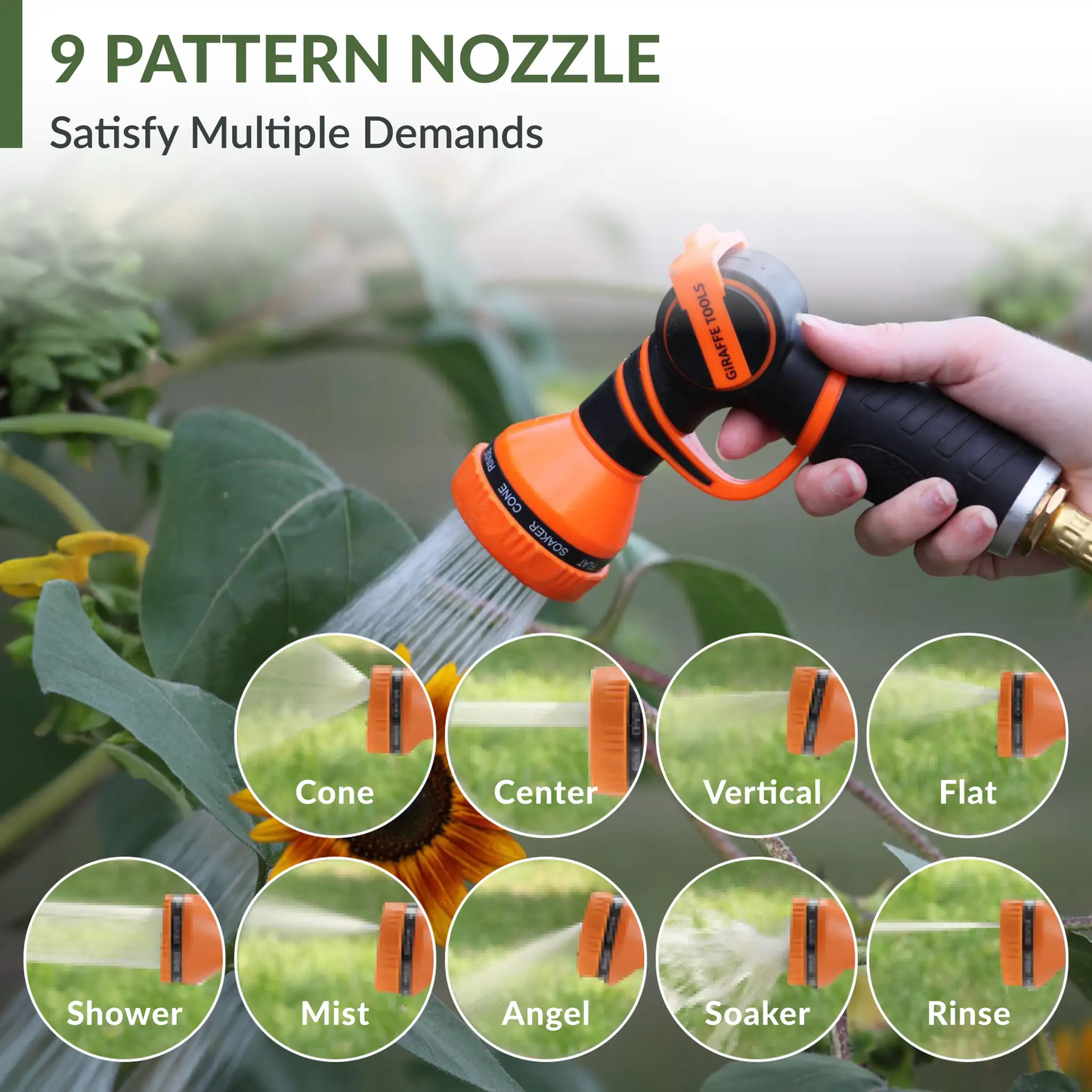 Retractable garden hose reel with auto rewind Giraffe Tools handle with 9 nozzle options on Tampa Home & Garden Store