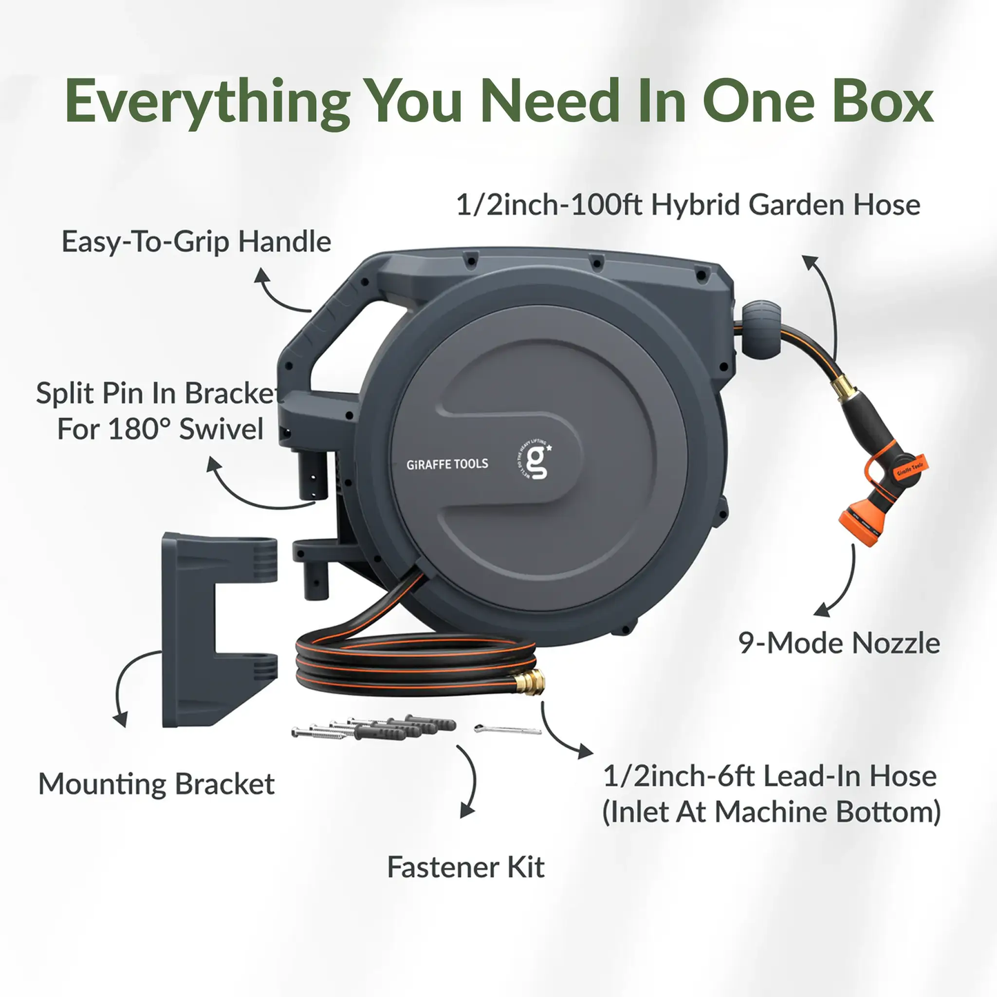 Retractable Garden Hose Reel with Auto Rewind; 1/2in hose by Giraffe Tools on Tampa Home & Garden Store