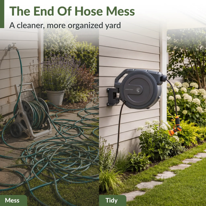 Giraffe Tools retractable garden hose reel with auto rewind, teal hose on gray reel on Tampa Home & Garden Store