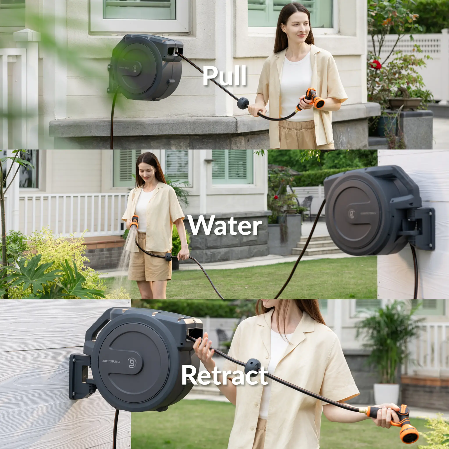 Retractable Garden Hose Reel by Giraffe Tools, gray wall-mounted reel with orange nozzle on Tampa Home & Garden Store
