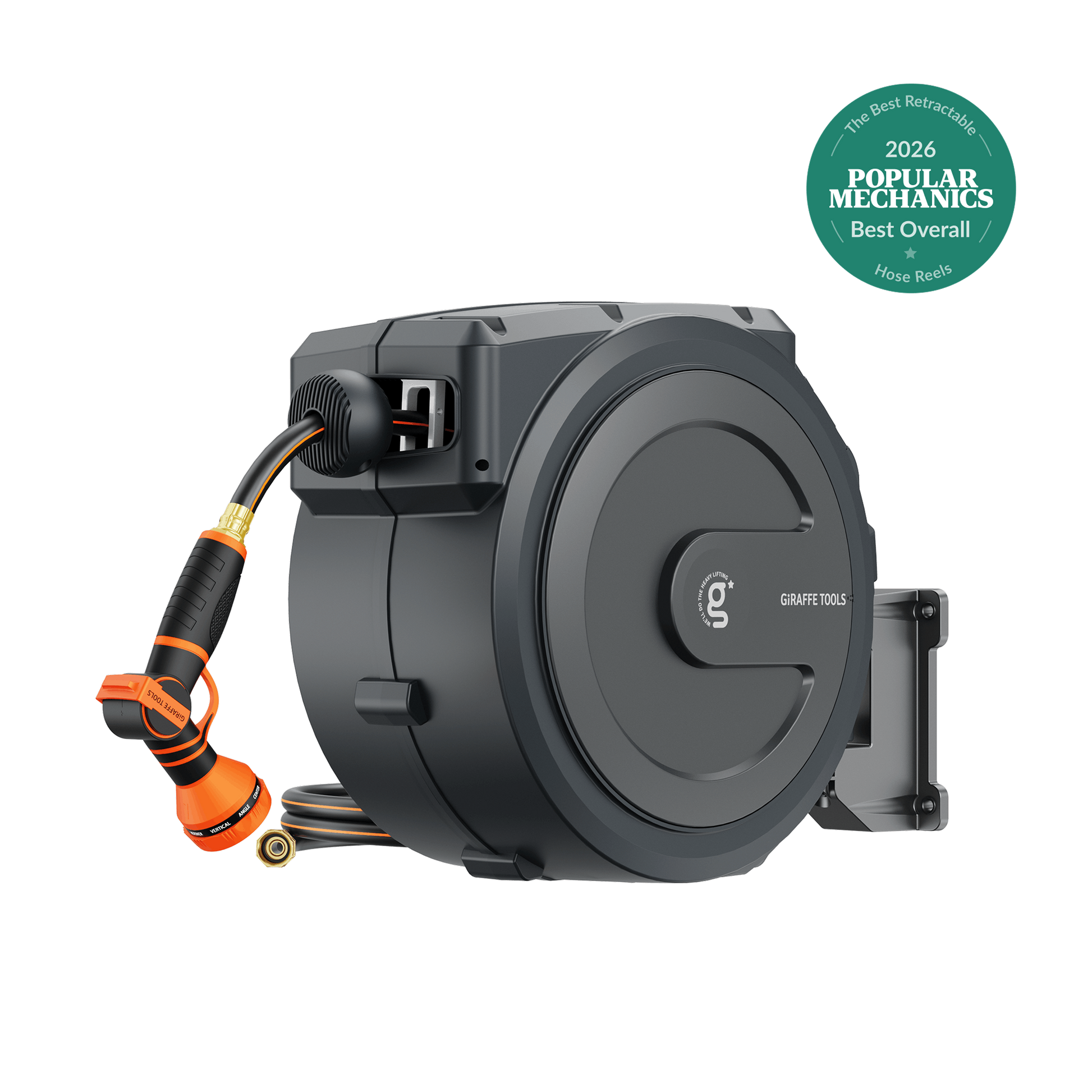 Giraffe Tools retractable garden hose reel 65–155 ft with orange nozzle; dark gray housing on Tampa Home & Garden Store
