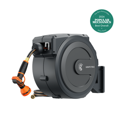 Retractable Garden Hose Reel gray housing with orange hose Giraffe Tools 65ft-155ft on Tampa Home & Garden Store