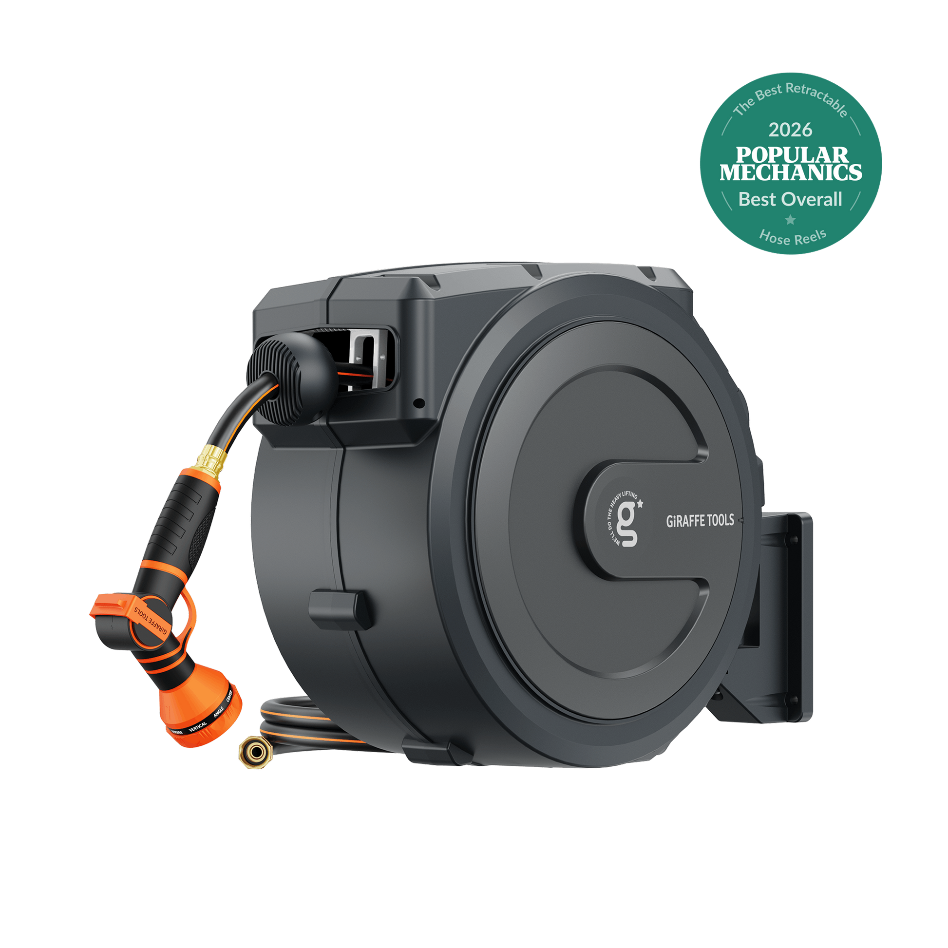Retractable garden hose reel by Giraffe Tools with black housing and bright orange nozzle on Tampa Home & Garden Store