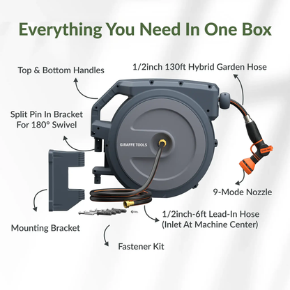 Retractable garden hose reel with auto rewind by Giraffe Tools mounted on wall on Tampa Home & Garden Store