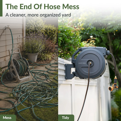 Retractable garden hose reel with auto rewind by Giraffe Tools, gray unit mounted on outdoor railing on Tampa Home & Garden Store
