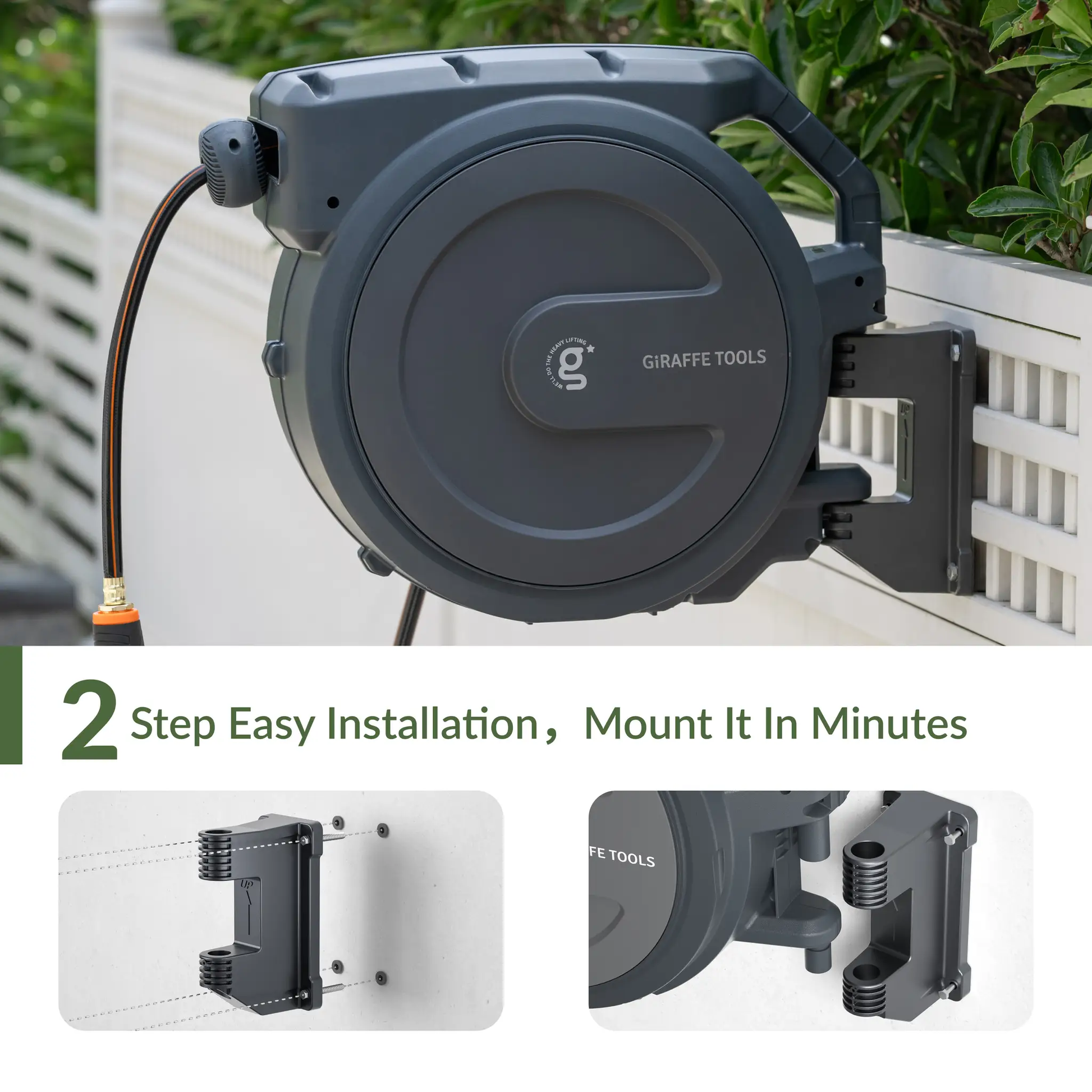 Retractable garden hose reel with auto rewind by Giraffe Tools, gray housing, wall-mounted on Tampa Home & Garden Store