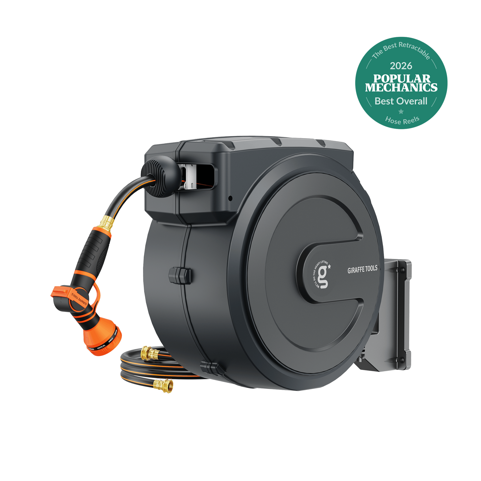 Retractable Garden Hose Reel by Giraffe Tools dark gray with auto rewind and orange nozzle on Tampa Home & Garden Store