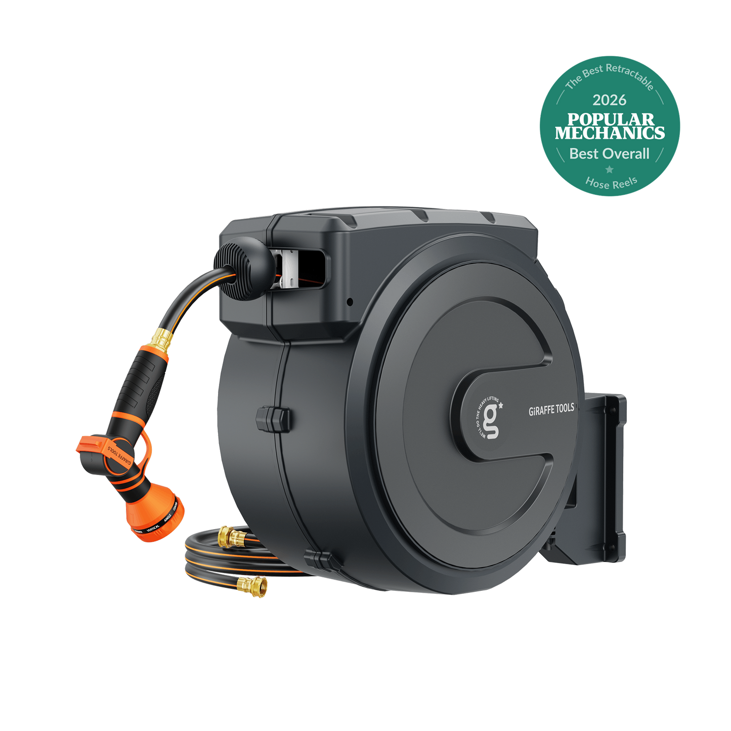 Retractable Garden Hose Reel with Auto Rewind by Giraffe Tools, black housing and orange hose on Tampa Home & Garden Store
