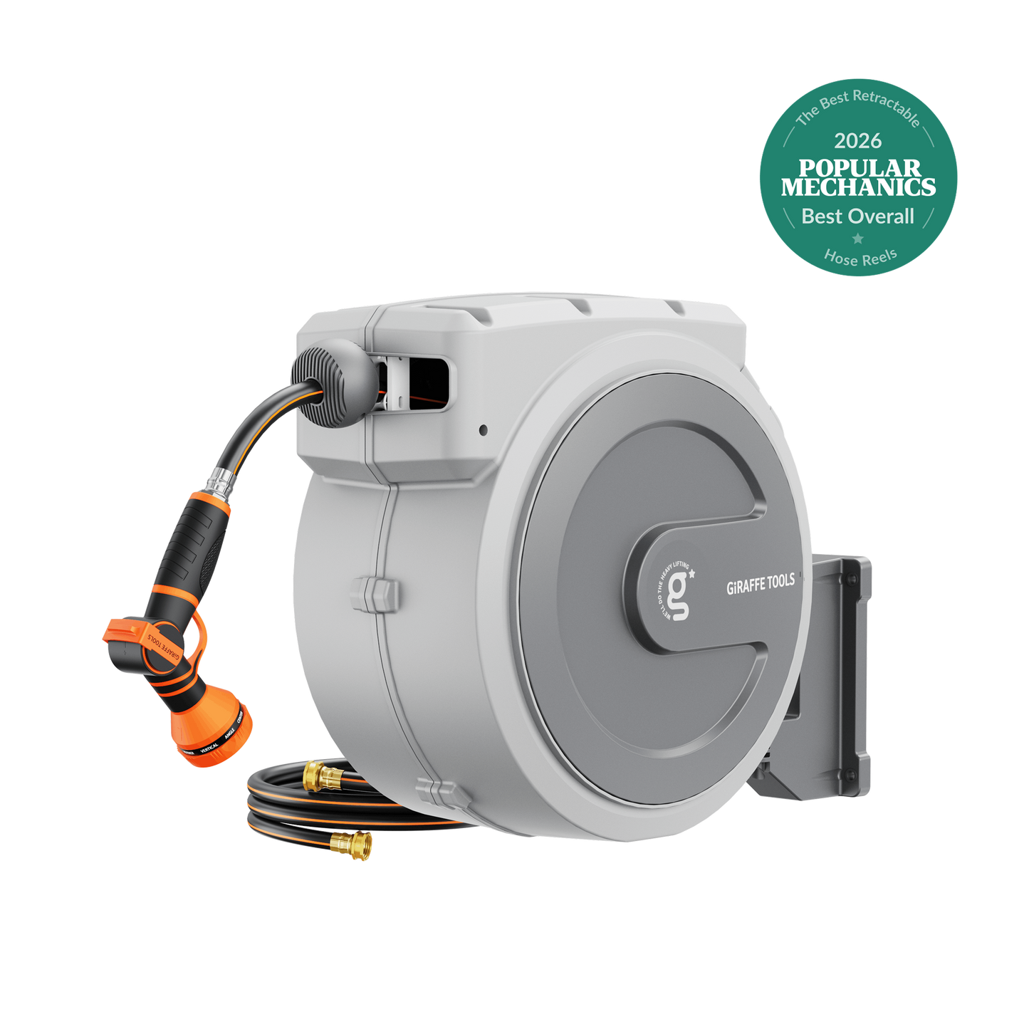 Retractable Garden Hose Reel with Auto Rewind; gray housing and orange hose on Tampa Home & Garden Store