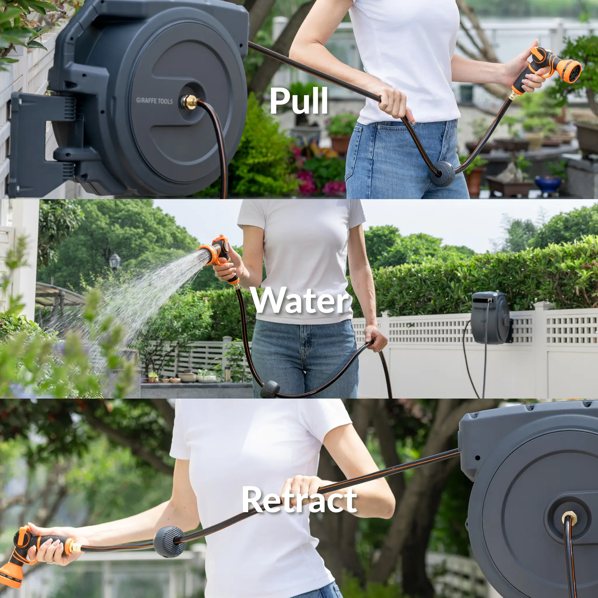 Retractable Hose Reel Auto-Rewind by Giraffe Tools, mounted reel with orange nozzle on Tampa Home & Garden Store