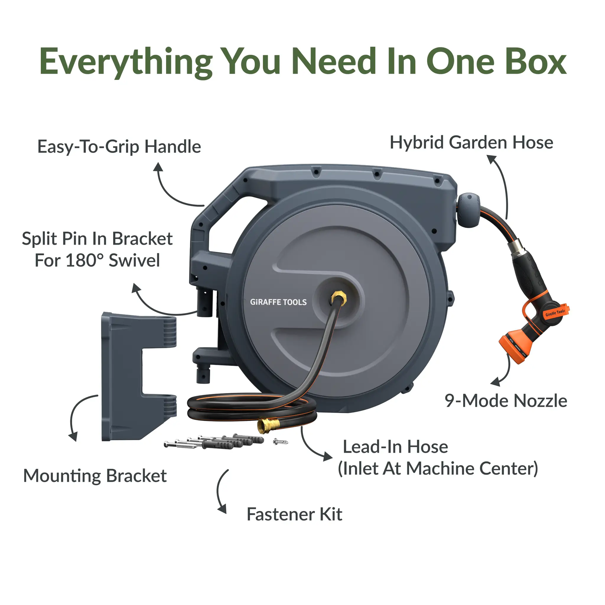 Retractable Garden Hose Reel by Giraffe Tools, dark gray with orange hose, 65-155 ft on Tampa Home & Garden Store