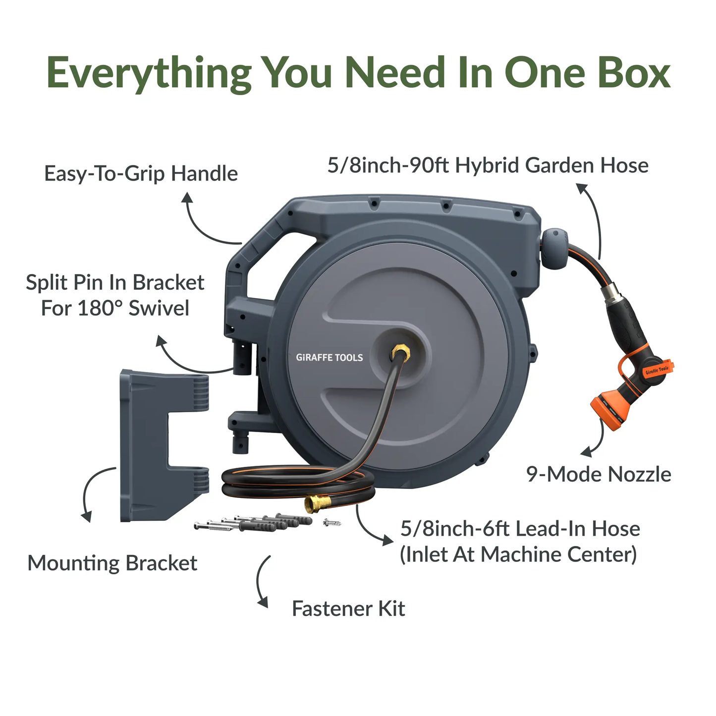 Retractable Garden Hose Reel with Auto Rewind by Giraffe Tools grey housing 5/8in hose on Tampa Home & Garden Store