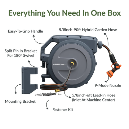 Retractable Garden Hose Reel with Auto Rewind by Giraffe Tools grey housing 5/8in hose on Tampa Home & Garden Store