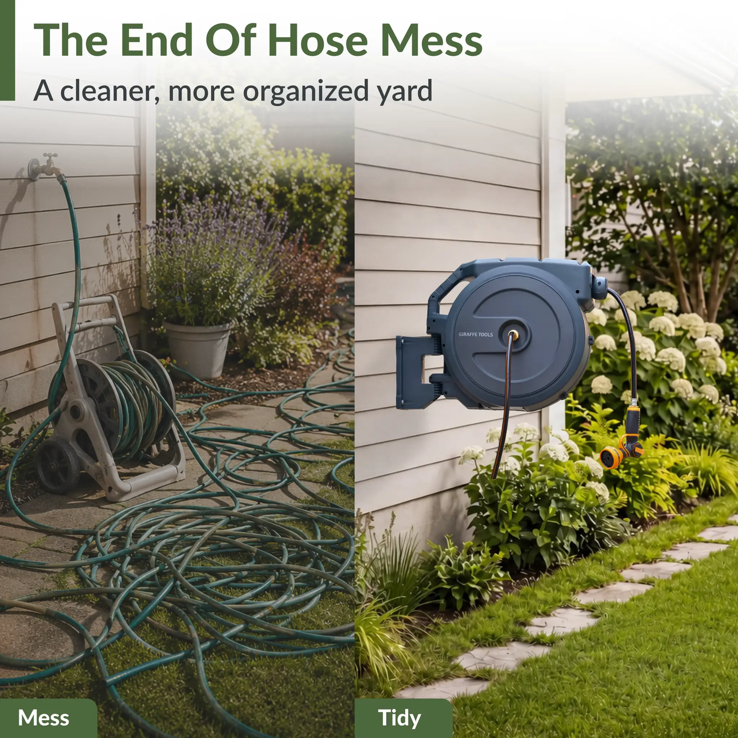Retractable Garden Hose Reel by Giraffe Tools, blue plastic housing, wall-mounted unit with hose on Tampa Home & Garden Store