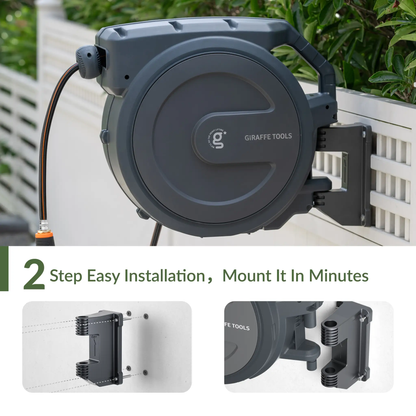 Retractable garden hose reel by Giraffe Tools, dark gray with orange hose on Tampa Store on Tampa Home & Garden Store