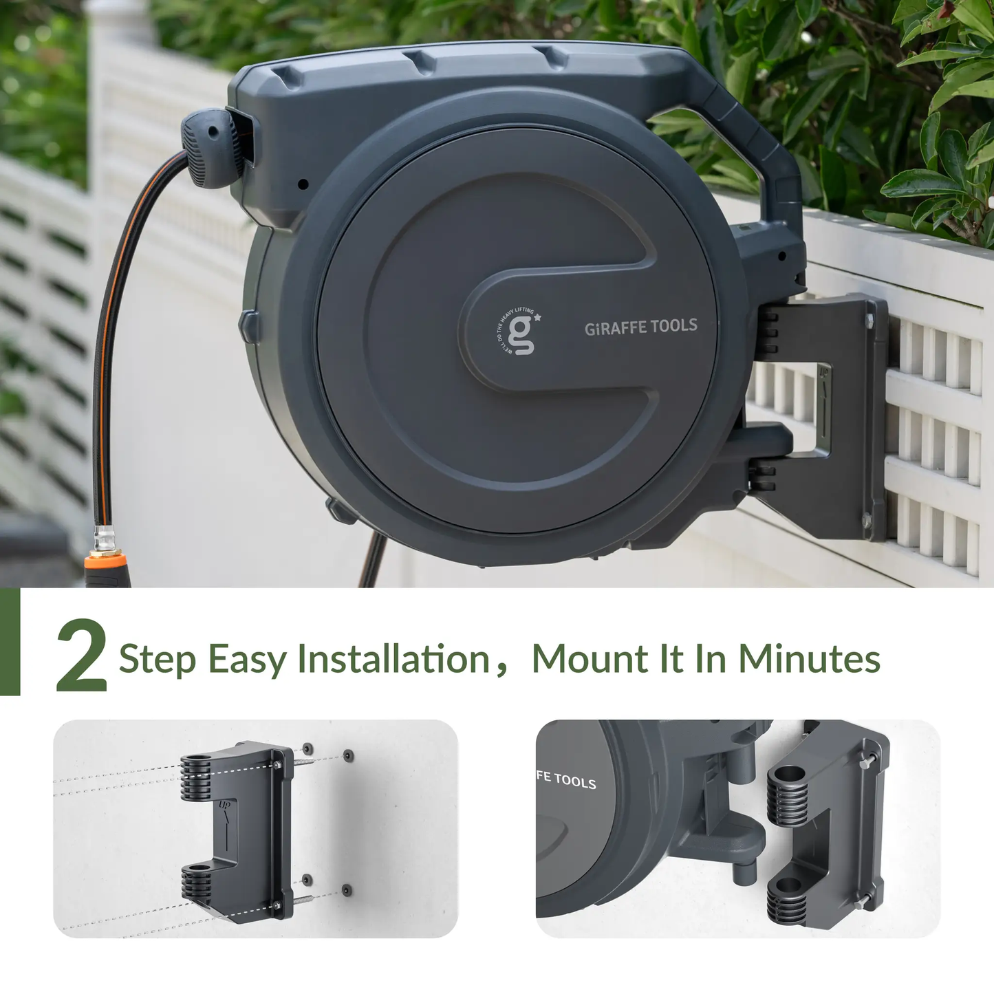 Retractable garden hose reel by Giraffe Tools, wall-mounted dark gray unit with auto rewind on Tampa Home & Garden Store