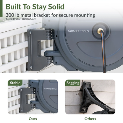 Retractable garden hose reel by Giraffe Tools with auto rewind, gray wall-mounted housing on Tampa Home & Garden Store