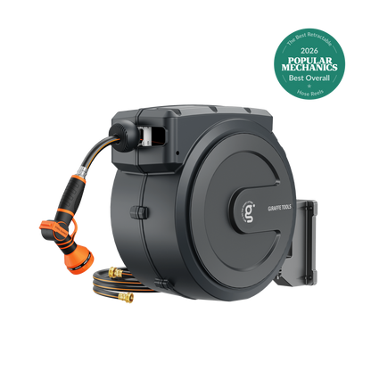 Retractable Garden Hose Reel 65ft-155ft dark gray housing with orange nozzle by Giraffe Tools on Tampa Home & Garden Store