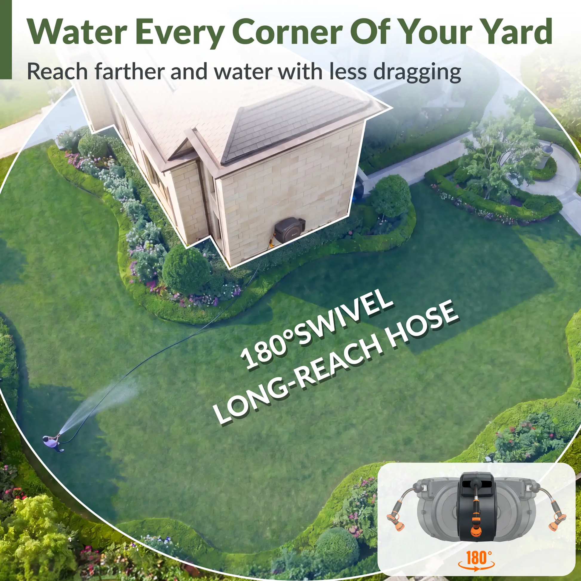 Giraffe Tools retractable garden hose reel 65ft-155ft, gray with orange hose, wall-mounted on Tampa Home & Garden Store