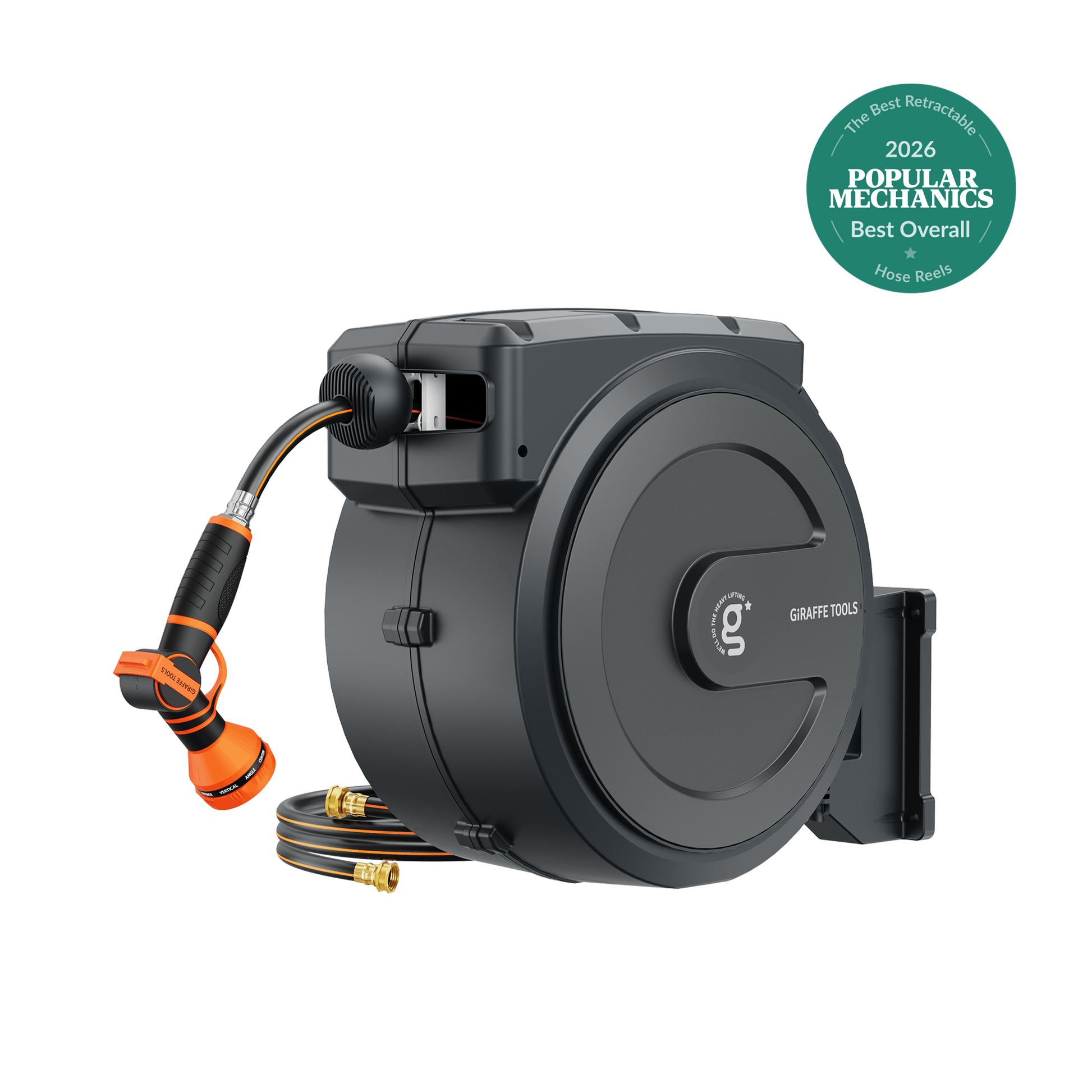 Retractable Garden Hose Reel by Giraffe Tools, dark gray housing with orange hose nozzle on Tampa Home & Garden Store
