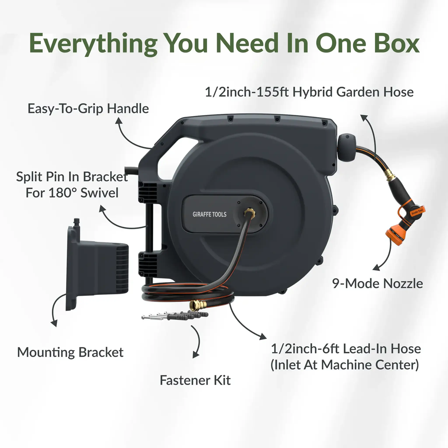 Giraffe Tools retractable garden hose reel with 1/2in 155ft hybrid hose and 9-mode nozzle on Tampa Home & Garden Store