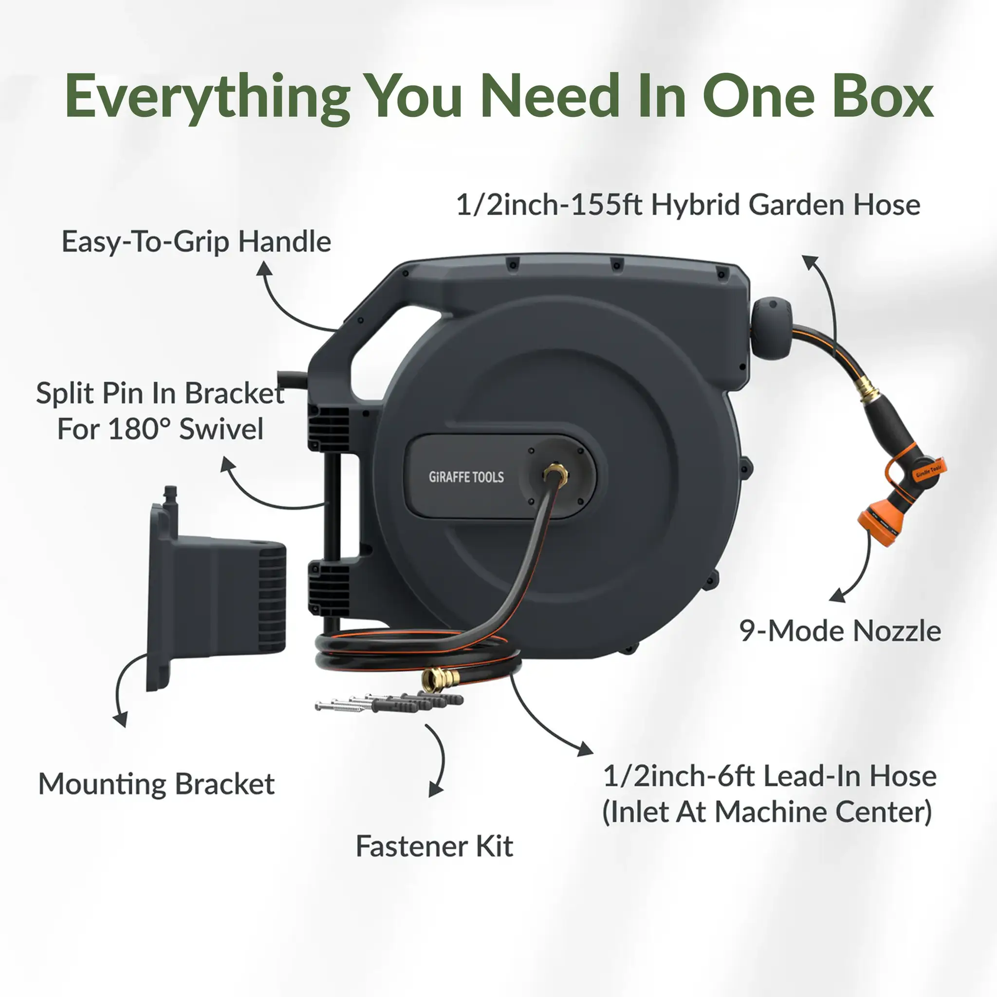 Giraffe Tools retractable garden hose reel with 1/2in 155ft hybrid hose and 9-mode nozzle on Tampa Home & Garden Store