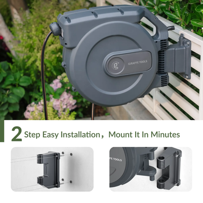Giraffe Tools retractable hose reel for 1/2 inch hose, grey housing, wall mount on Tampa Home & Garden Store